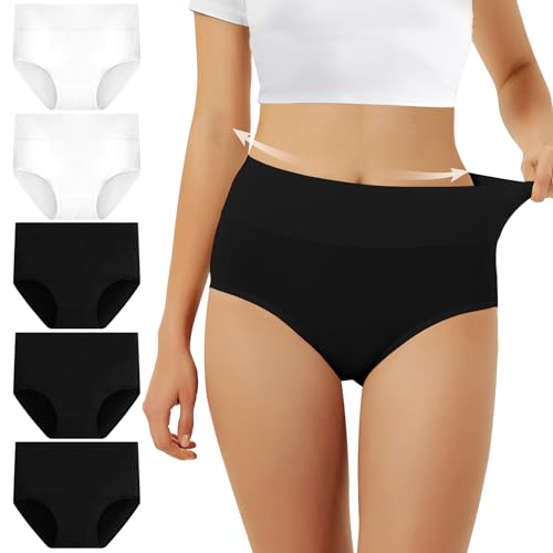 FALARY Bauchweg Unterhose Damen Unterhosen Damen Unterwäsche Baumwolle 5er Pack Slip Hohe Taille Unterhose Taillenslip Sportunterhosen für Damen 3XL Schwarz Weiß von FALARY