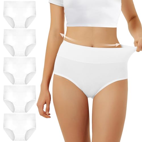 FALARY Unterhosen Damen Baumwolle Hohe Taille 5er Pack Stretch Atmungsaktiv Panties Weich Frauen Unterwäsche 3XL Weiß von FALARY