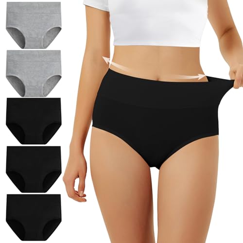 FALARY Slip Damen Unterhosen Damen Unterwäsche Baumwolle 5er Pack Slip Hohe Taille Unterhose Taillenslip Sportunterhosen für Damen L Schwarz Grau von FALARY