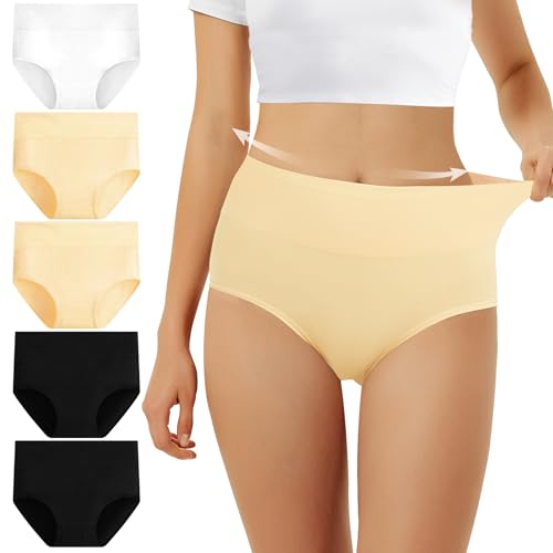 FALARY Bauchweg Unterhose Damen Unterhosen Unterwäsche Baumwolle 5er Pack Slip Hohe Taille Unterhose Taillenslip Sportunterhosen für Damen L Schwarz Hautfarben Weiß von FALARY