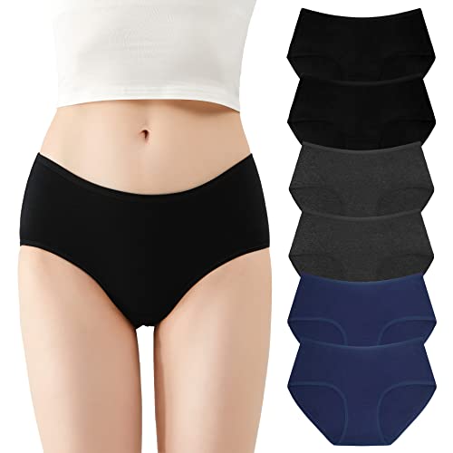 FALARY Unterhosen Damen Unterwäsche Slip Frauen Schlüpfer Baumwolle Atmungsaktiv Mittel Taille Panties Hipster 6er Pack Schwarz Marine Dunkelgrau 2XL von FALARY