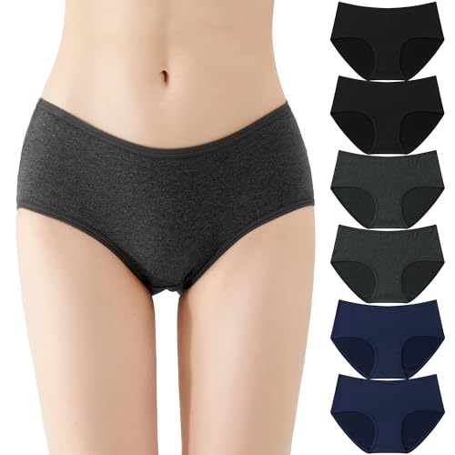 FALARY Damen Höschen Komfort Damen Höschen Baumwolle Atmungsaktiv Mid Waist Höschen Hip Wrap Höschen 6 Stück Schwarz Marine Dunkel Grau L von FALARY