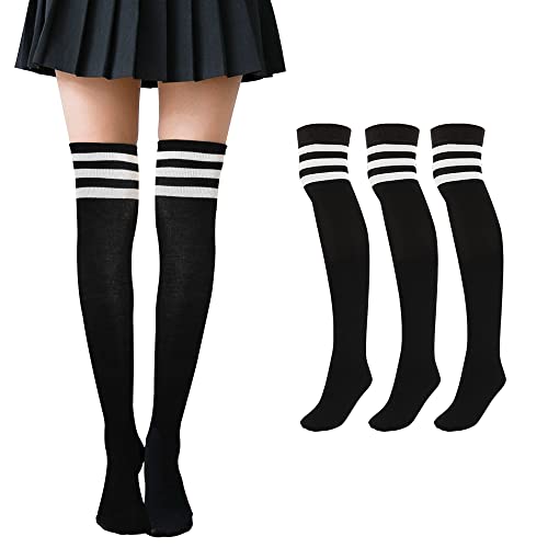 Faletony 3 Paar Overknee Strümpfe Kniestrümpfe gestreifte Sportsocken College Cheerleader Kostüm Baumwollstrümpfe Overknees mit 3 Streifen Gestreifte für Damen Mädchen Kinder von Faletony