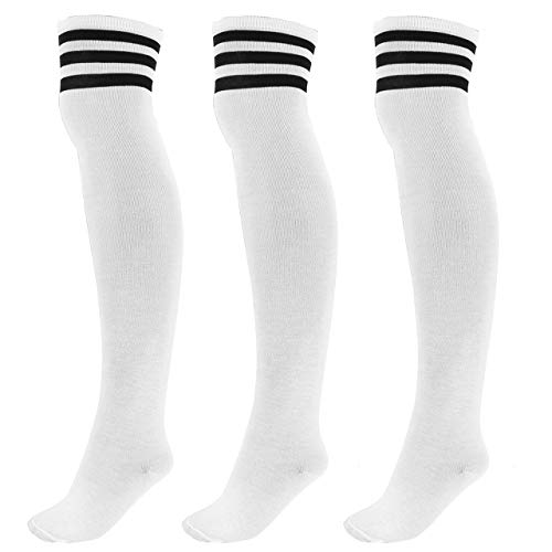 Faletony 3 Paar Overknee Strümpfe Kniestrümpfe gestreifte Sportsocken College Cheerleader Kostüm Baumwollstrümpfe Overknees mit 3 Streifen Gestreifte für Damen Mädchen Kinder von Faletony