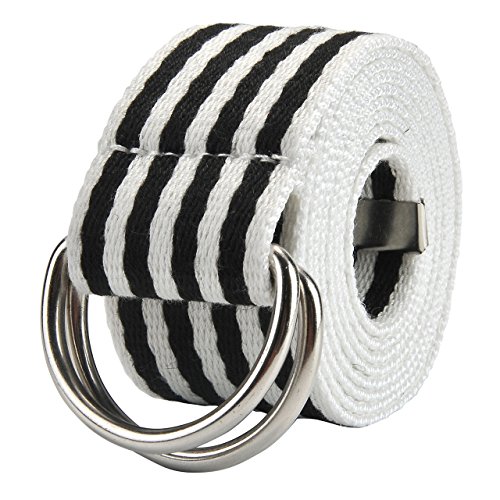 FALETO Herren Damen Gürtel Gestreift Nylon Gürtel mit Doppel D-ringe Schnalle Jeansgürtel Belts 130cm + Original Geschenkbox (Schwarz-Weiß) von FALETO