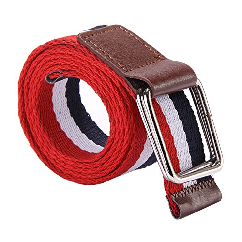 FALETO Herren Damen Gürtel Gestreift Stoffgürtel mit Dual Ring Schnalle Leinwand Canvas Jeansgürtel Belts 113cm + Original Geschenkbox (Blau-Weiß-Rot) von FALETO