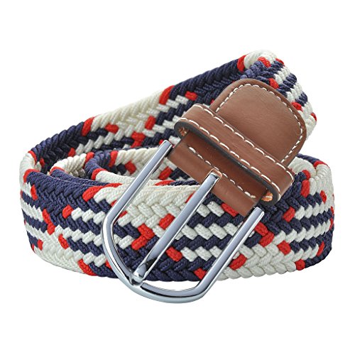 FALETO Herren Damen geflochten Stretch Stoffgürtel Stretchgürtel Leinwand Canvas Jeansgürtel Belts Stretchbelt 105-125cm + Original Geschenkbox (Blau+Rot, 105cm) von FALETO