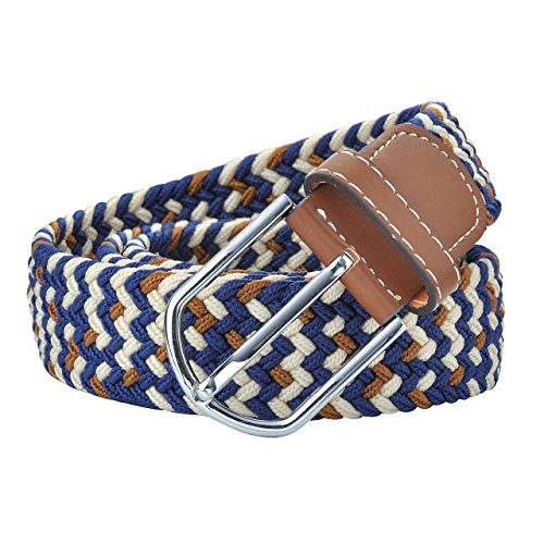 FALETO Herren Damen geflochten Stretch Stoffgürtel Stretchgürtel Leinwand Canvas Jeansgürtel Belts Stretchbelt 105-125cm + Original Geschenkbox (Blau+Weiß+Kaffee, 105cm) von FALETO
