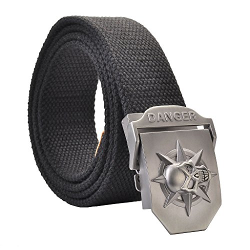 FALETO Herren Gürtel Freizeit Herrengürtel mit 3D Schädel Totenkopf Schnalle aus Leinwand Canvas Belts 110CM Schwarz + Original Geschenkbox Schwarz von FALETO