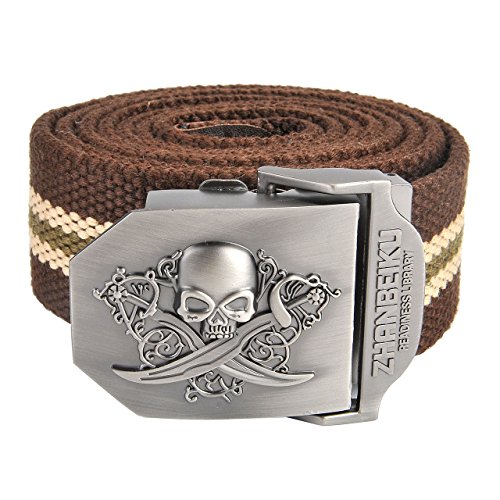 FALETO Herren Militär Gürtel Stoffgürtel mit Schädel Totenkopf Schnalle Leinwand Canvas Jeansgürtel Belts 140cm + Original Geschenkbox (Kaffee Streifen) von FALETO
