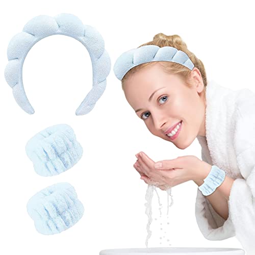 Spa-Stirnband, Hautpflege-Stirnband zum Waschen des Gesichts, Spa-Blasen-Stirnband, Schwamm und Frottee-Handtuch, flauschiges Stirnband, Waschband für Frauen und Mädchen, Make-up-Bad (blau) von FALGXYY