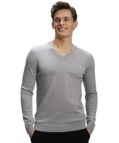FALKE Herren Pullover Basic New Merino V-Neck M Pu Wolle elegant klassisch für Business und Freizeit mit V-Ausschnitt 1 Stück, Grau Light Grey 3400, M von FALKE