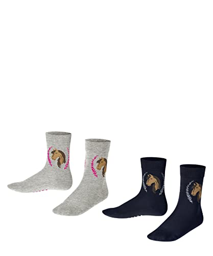 FALKE Unisex Kinder Socken Horse Multipack K So Baumwolle gemustert 2 Paar, Mehrfarbig Blue Grey 0010, 23-26 von FALKE