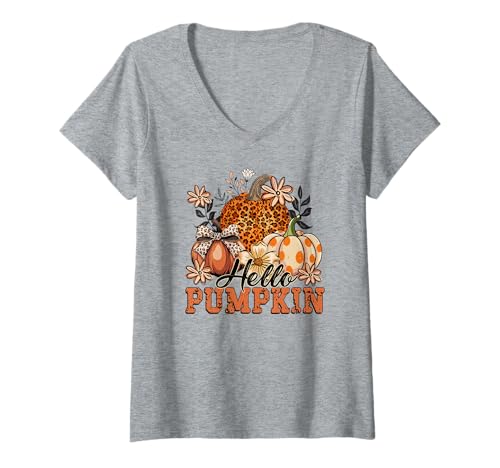 Damen Hello Pumpkin Fall Vibes Kürbisse Leopardenmuster Halloween T-Shirt mit V-Ausschnitt von FALL TEES CO