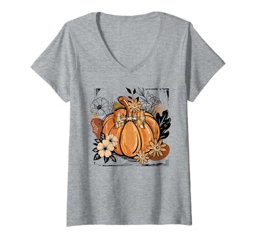 Damen Herbst Kürbis Grunge Floral Halloween Kürbisse Urlaub T-Shirt mit V-Ausschnitt von FALL TEES CO