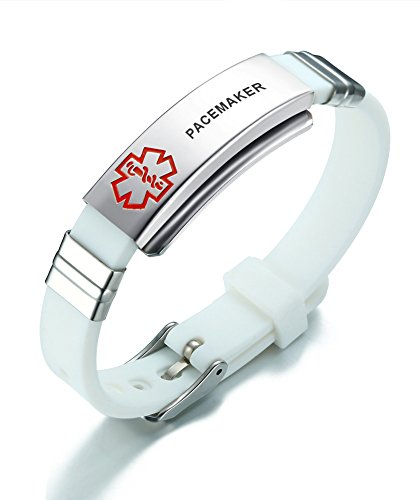 FALOME Schmuck Benutzerdefinierte Gravur Edelstahl & Weiß Silikon Sport Medizinischer Notfall ID Armband Armbänder für Männer Frauen, verstellbar (Farbe: PACEMAKER) von FALOME