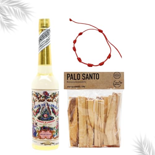 FAMILYCOM Florida Original Peru-Wasserflasche, 270 ml, Palo Santo zum Verbrennen und rotes Armband, 7 Knoten, Murray und LanMan. Gelb, Original aus Peru, spiritueller Schutz und schamanische Reinigung von FAMILYCOM