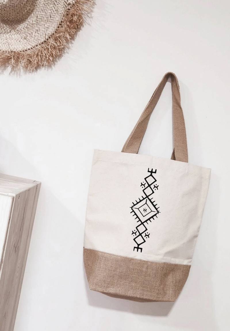 Amazigh Muster Jutetasche | Kabyle Tifinagh Tmazight Tazerzit Tarz Fessi Marokko Algerien Tunesien Baumwolle Ethno Geschenkidee von FAMJINO