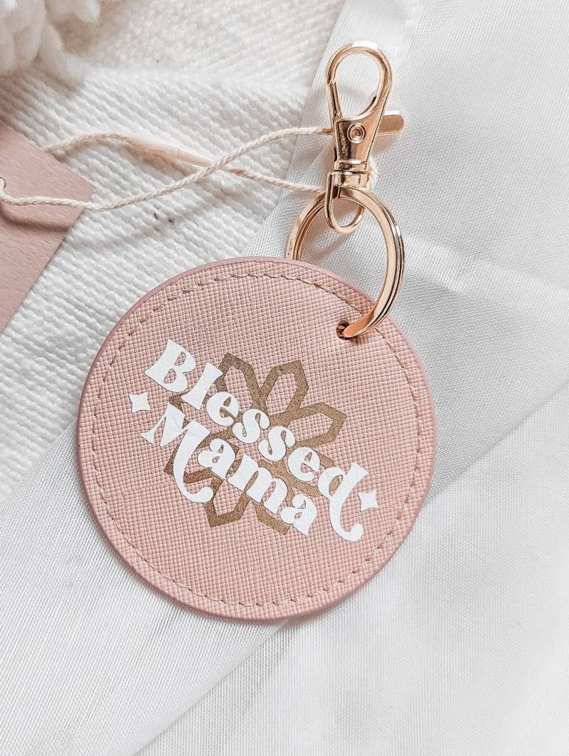 Blessed Mama Schlüsselanhänger Rund Leder | Mom Mother Tasche Anhänger Groovy Retro Schlüssel Anhänger Spruch Student Geschenkidee von FAMJINO