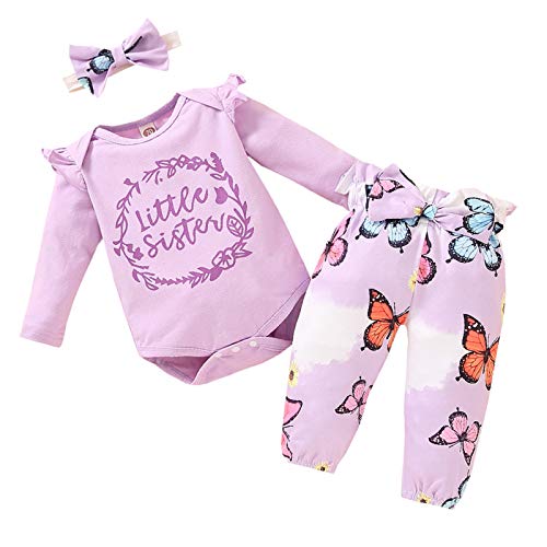 FAMKIT Baby-Kleidungs-Set für Mädchen, gerüscht, Strampler + Schmetterling-Hose + Kopfband, 3-teilig Gr. 68, violett von FAMKIT