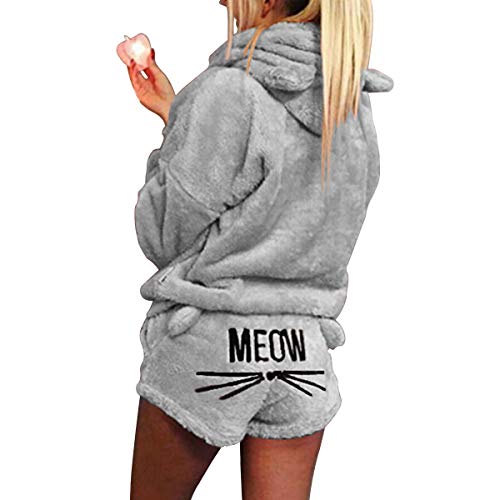 FAMKIT Damen Mädchen Fleece Pyjama Gemütliche Nachtwäsche Meow Bestickter Hoodie Pullover Shorts Pj Zweiteiliges Set Pyjama Party, grau, M von FAMKIT