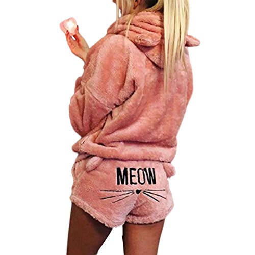 FAMKIT Damen Mädchen Fleece Pyjama Gemütliche Nachtwäsche Meow Bestickter Hoodie Pullover Shorts Pj Zweiteiliges Set Pyjama Party, rose, X-Large von FAMKIT