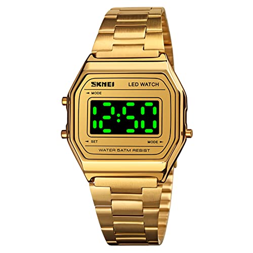 FAMKIT Unisex Digitaluhr Wasserdicht Edelstahl Uhr LED Hintergrundbeleuchtung Stilvolle Armbanduhr für Männer Frauen, gold von FAMKIT