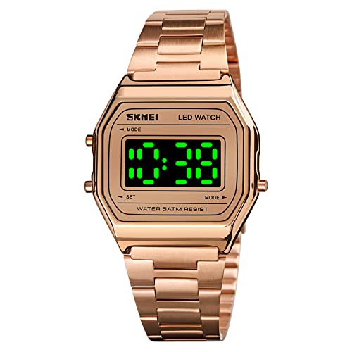FAMKIT Unisex Digitaluhr Wasserdicht Edelstahl Uhr LED Hintergrundbeleuchtung Stilvolle Armbanduhr für Männer Frauen, Rose Gold von FAMKIT