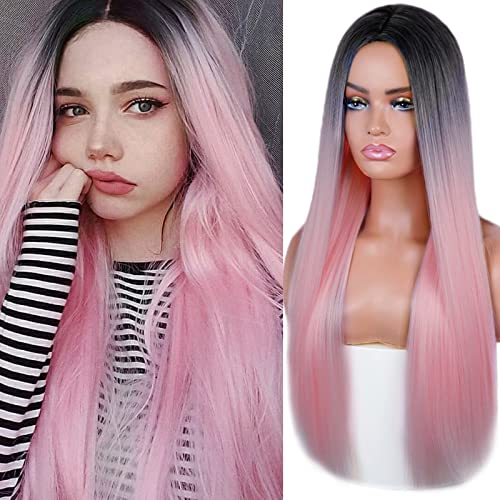 FAMoUsGoods Synthetische Perücke Lange gerade synthetische Schwarze Perücke braun und Gold Langer Perücke Schwarze Frauen zentrierte natürliche Perücke Cosplay Natürliche Perücken von FAMoUsGoods