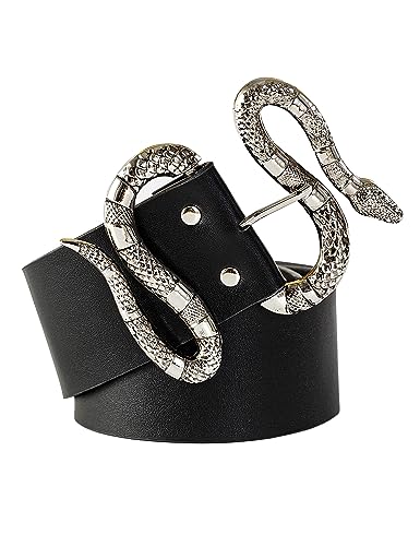 FAN&LOUIS Schwarzer Schlangenledergürtel für Frauen Mode mit großer goldener silberner Schlangenschnalle für Jeans Kleider, silber, Fits waist 39"-43" von FAN&LOUIS