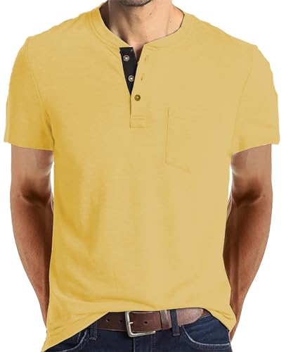 FANARCHER Henley Herren-T-Shirt, kurzärmelig, lässig, Baumwolle, Sommer-Tops, gelb, XX-Large von FANARCHER