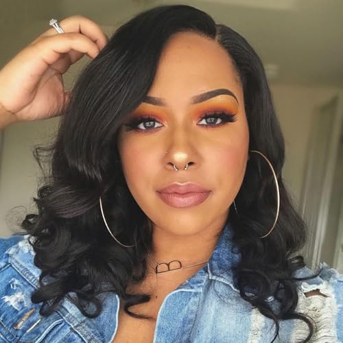 FANCEE Kurze, lockige, gewellte Perücke, klebefrei, lose Wellen, große lockige Damenperücke, Seitenteil, Schulterlänge, synthetische Bob-Perücke für schwarze Frauen (schwarz, 40,6 cm) von FANCEE