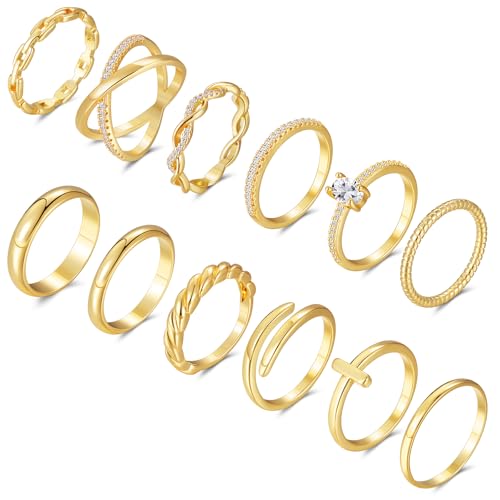 FANCH 12 Stück Gold Ringe für Damen Stapelbare Wasserfest Ring 14K Vergoldet Öffnen Chunky Twist Diamond Kreuz Ringe Knuckle Daumenring Fingerring Bandringe Knöchelringe Größe 62(19.7) von FANCH