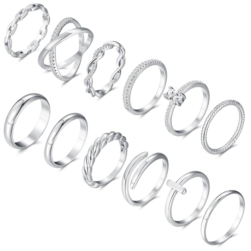 FANCH 12 Stück Silber Ringe für Damen Stapelbare Wasserfest Ring 14K Vergoldet Öffnen Chunky Twist Diamond Kreuz Ringe Knuckle Daumenring Fingerring Bandringe Knöchelringe Größe 54(17.2) von FANCH