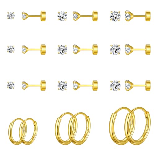 FANCH 12Paare klein Ohrstecker Creolen Set Edelstahl für Mehrere Piercings Hypoallergene 14K Vergoldet Cubic Zirkonia Screwback Gold Flache Rückseite Ohrringe Knorpel Kleine Creolen für Damen Herren FANCH 12Paare klein Ohrstecker Creolen Set Edelstahl für Mehrere Piercings Hypoallergene 14K Vergoldet Cubic Zirkonia Screwback Gold Flache Rückseite Ohrringe Knorpel Kleine Creolen für Damen Herren von FANCH
