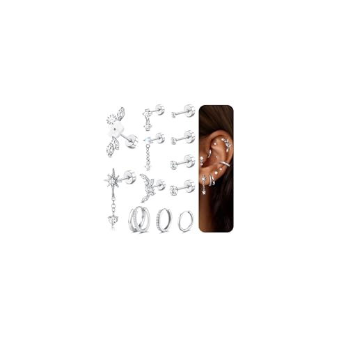 FANCH 12pcs Helix Piercing Chirurgenstahl Ohrringe Set für Damen Flat Back Ohrstecker Creolen Ohrstecker Ohrringe Hängend Set Knorpel Helix Tragus Conch Blume CZ Ohr Piercing Schmuck Silber von FANCH