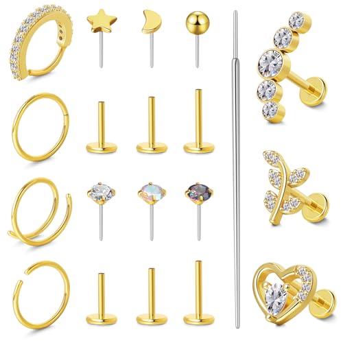 FANCH 14Stück 16G 20G Nasenpiercing Edelstahl für Damen Herren 316L Chirurgenstahl Intern Gewinde Flache Rückseite Ohr Piercing Hypoallergene CZ Labret Nasenring Conch Tragus Helix Piercing Or von FANCH