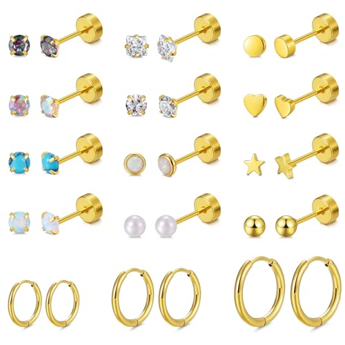 FANCH 15Paare Ohrringe Set Chirurgenstahl für Damen Herren Edelstahl Medizinische Ohrstecker Klein Creolen Ohrringe Set 14K Vergoldet Hypoallergene Tragus Helix Piercings Flat Back Ohrstecker Gold von FANCH