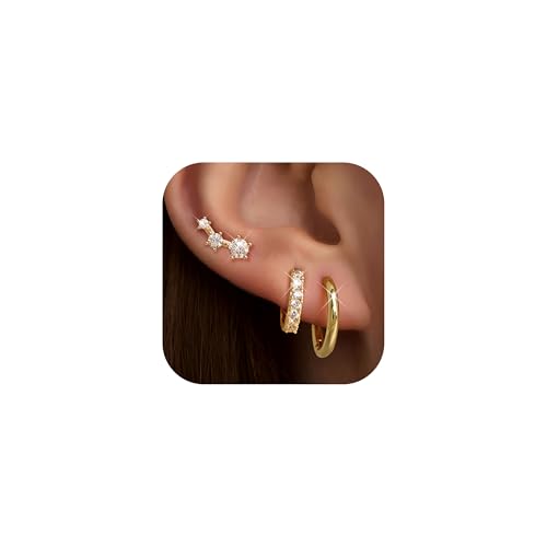 FANCH 3 Paar Ohrringe Set für Damen Mädchen 14K Vergoldet Kleine Ohrstecker Stapelbar Zirkonia Creolen für Mehrere Piercings Hypoallergene Knorpel Piercing Ohrringe Gold von FANCH