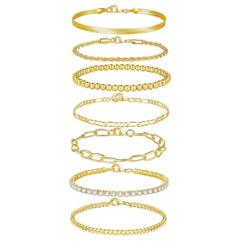 FANCH 7Pcs Armbänder für Damen 14K Vergoldet Figaro Kubanische Tennis Schlange Paperclip Kette Armband Twist Herringbone Stapelbare Gold Armbänder Set Verstellbare CZ Link Armbänder Set FANCH 7Pcs Armbänder für Damen 14K Vergoldet Figaro Kubanische Tennis Schlange Paperclip Kette Armband Twist Herringbone Stapelbare Gold Armbänder Set Verstellbare CZ Link Armbänder Set von FANCH