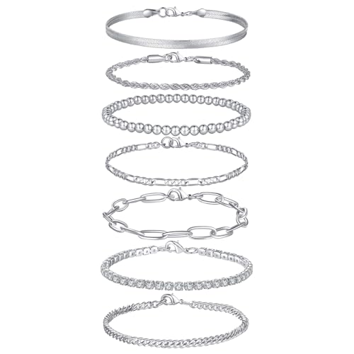 FANCH 7Pcs Armbänder für Damen 14K Vergoldet Figaro Kubanische Tennis Schlange Paperclip Kette Armband Twist Herringbone Stapelbare Silber Armbänder Set Verstellbare CZ Link Armbänder Set FANCH 7Pcs Armbänder für Damen 14K Vergoldet Figaro Kubanische Tennis Schlange Paperclip Kette Armband Twist Herringbone Stapelbare Silber Armbänder Set Verstellbare CZ Link Armbänder Set von FANCH