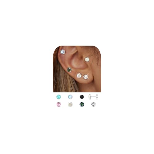 FANCH 8Paare G23 Titan Ohrstecker Set für Damen Mädchen Hypoallergene CZ Opal Türkis Mondstein Chirurgenstahl Ohrringe Flache Rückseite Medizinische Ohrstecker Knorpel Tragus Piercings 20G 4mm von FANCH