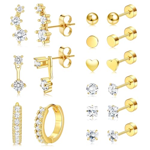 FANCH 9Paar Ohrringe Set für Damen Herren Edelstahl Flache Rücken Ohrringe Chirurgenstahl 14K Gold Vergoldet CZ Ohrstecker Set Creolen für Mehrere Piercing Hypoallergene Knorpel Helix Gold von FANCH