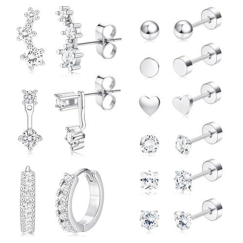 FANCH 9Paar Ohrringe Set für Damen Herren Edelstahl Flache Rücken Ohrringe Chirurgenstahl 14K Gold Vergoldet CZ Ohrstecker Set Creolen für Mehrere Piercing Hypoallergene Knorpel Helix Ohrringe Silber von FANCH