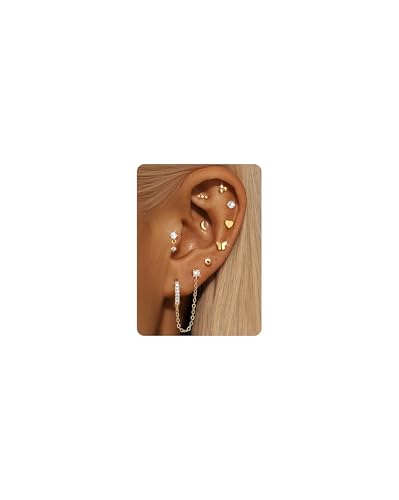 FANCH 9Pairs Ohrstecker Set Chirurgenstahl für Damen Hypoallergen Medizinische Gold Doppel Piercing Ohrringe Kette Drop CZ Knorpel Helix Ohrringe Sets für Mehrere Piercings 316L Edelstahl von FANCH