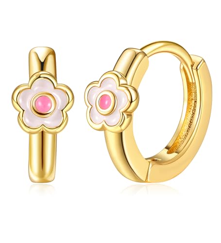 FANCH Creolen für Damen Mädchen 18K Vergoldet Daisy Creolen Ohrringe Kleiner Knorpel Gold Ohrring Leichte Hypoallergene Dasiy Blume Huggie Creolen für Alle Altersgruppen Rosa von FANCH