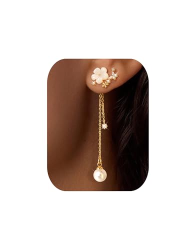 FANCH Ohrringe Hängend Gold für Damen 14K Vergoldete Hypoallergene Leichte Perlen Blumen Ohrringe Lange Kette Hochzeits Ohrringe für Bräute CZ Statement Ohrringe Schmuck von FANCH