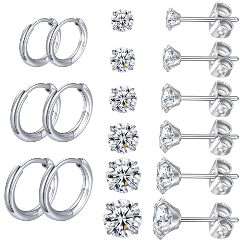 FANCH 12Paar Ohrringe Set Ohrringe Silber 316L Chirurgenstahl für Damen Herren 14K Vergoldet Hypoallergene Cubic Zirkonia Ohrstecker Set 3-8mm Kleine Sleeper Huggie Knorpel Creolen Ohrringe Silber von FANCH
