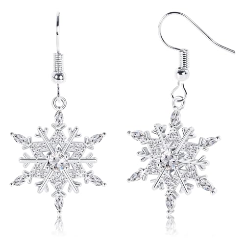 FANCH Schneeflocke Ohrringe Silber für Damen 18K Weiß Vergoldet Leverback Weihnachten Schneeflocke Ohrringe Hochglanzpoliert Silber Ohrringe Hängend Tropfen Ohrringe von FANCH