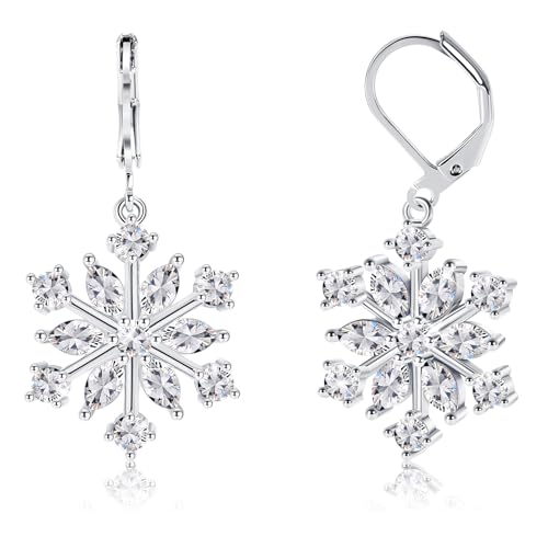 FANCH Silber Schneeflocke Ohrringe für Damen 18K Weiß Vergoldet Leverback Weihnachten Schneeflocke Ohrringe Hochglanzpoliert Ohrringe Hängend Silber Tropfen Ohrringe von FANCH